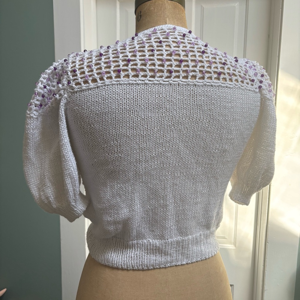 Hand Crafted White Sweater with Purple Accents - Picture 5 of 5